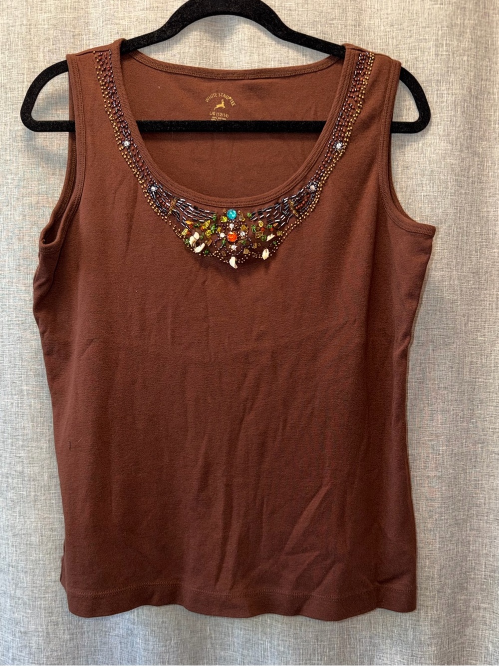 White Stag Brown Beaded Scoop Neck Tank Top Large
